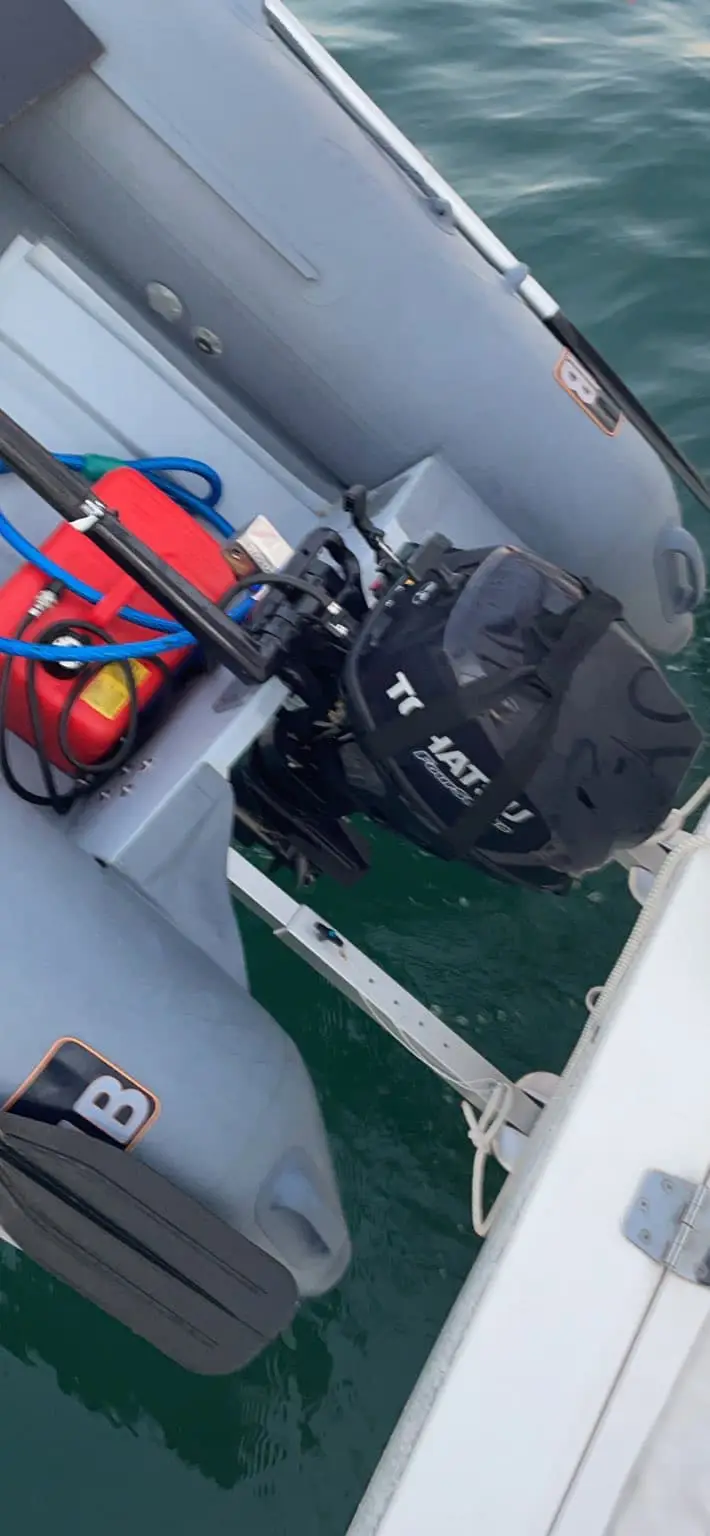 Aerial drone view of TenderConnect dinghy transport on yacht stern